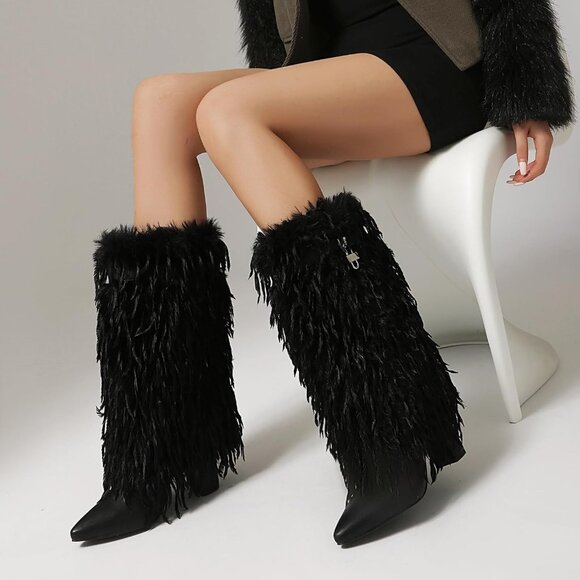 ⚡Women's Black Fold Over Faux Fur Mid Calf Boots Chunky Heel Point Toe - Picture 2 of 7